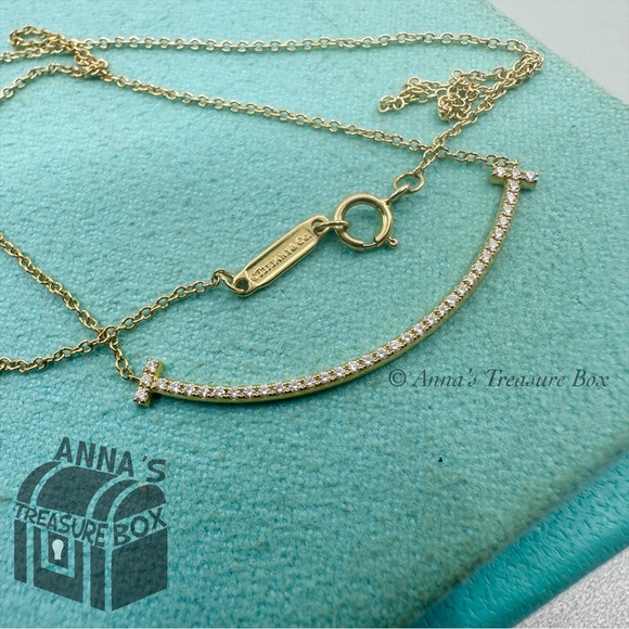 Tiffany & Co. 18K Yellow Gold SMALL T Smile Pendant w/Diamonds 16.5" Necklace - Picture 7 of 9